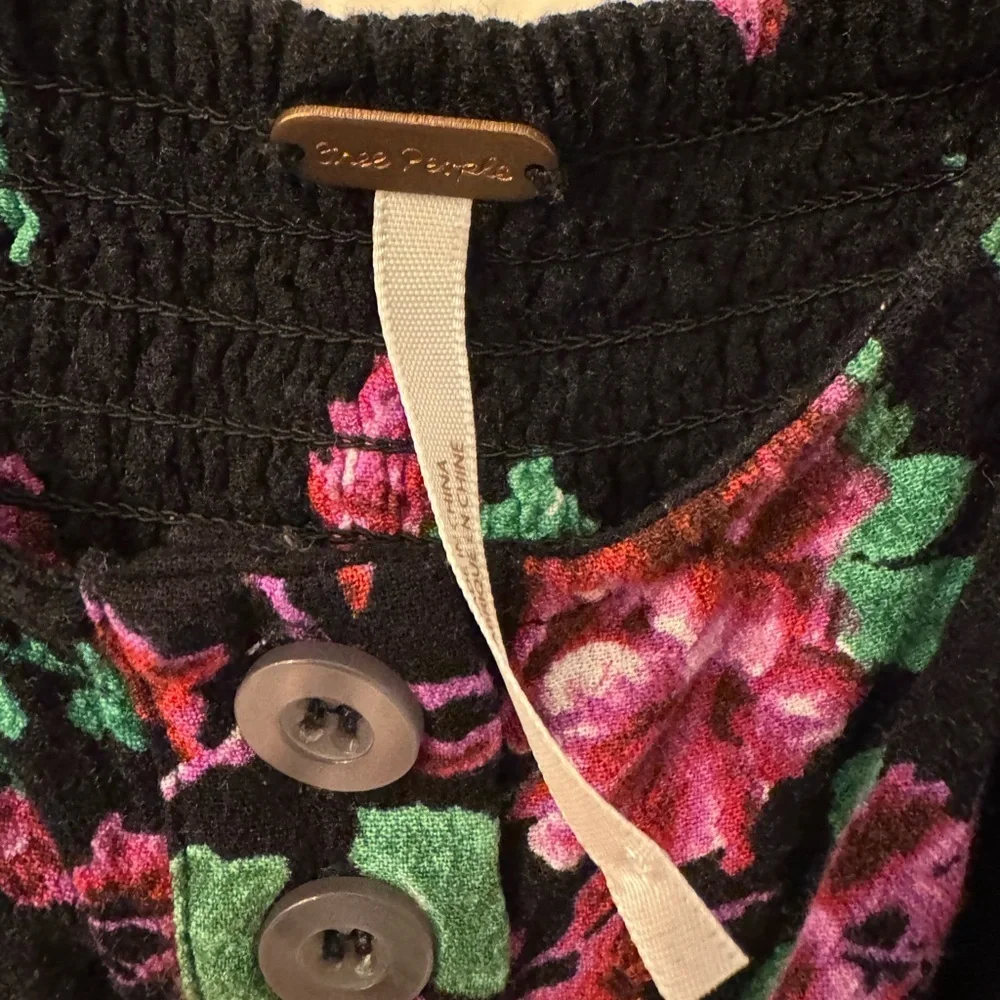 Free People Black Floral Blouse with Button Accents